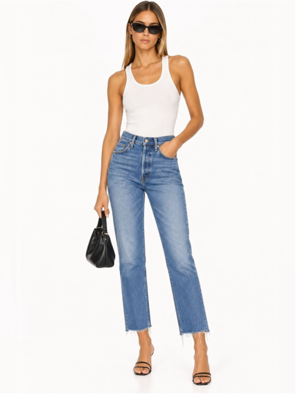 MOTHER Medium Blue High-Rise Straight Leg Jeans